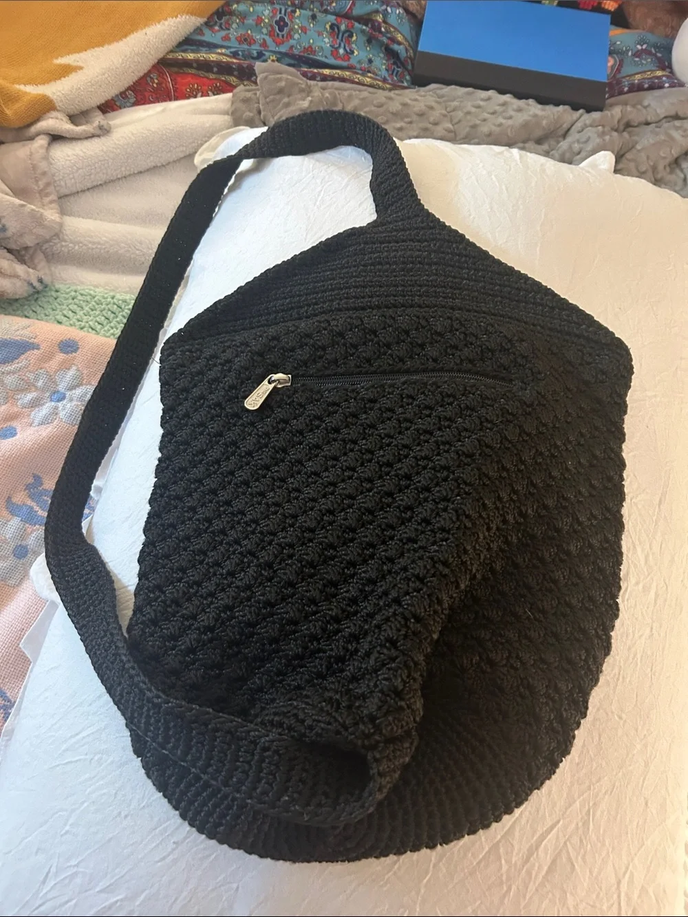 Vintage The Sak Black Crochet One Shoulder Sling Backpack-1990’s